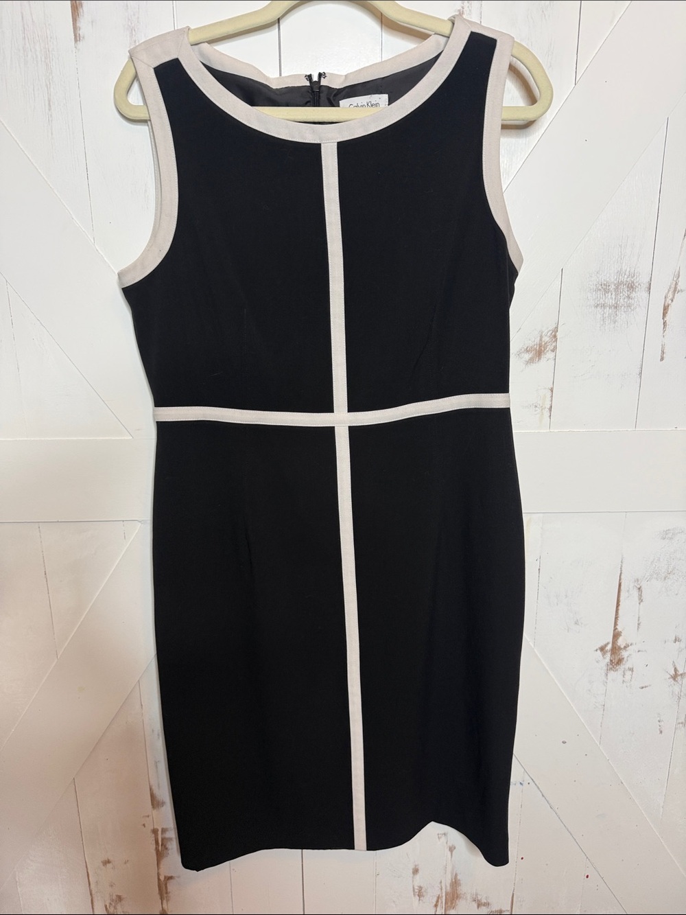 Calvin Klein Black Midi Sheath Dress with Cream Trim